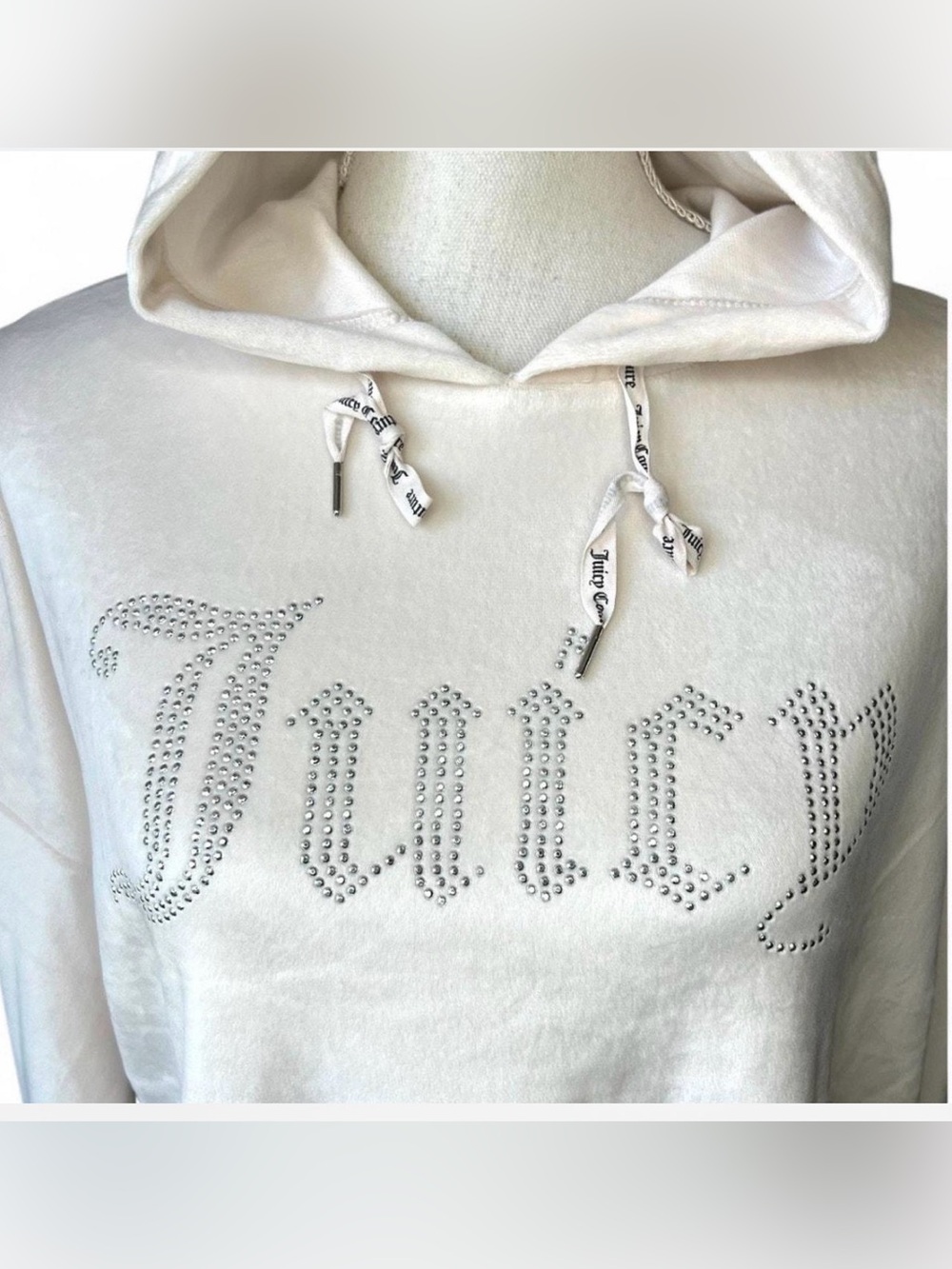 Juicy Couture Ivory Crystal-Stud Logo cropped Y2K Hoodie